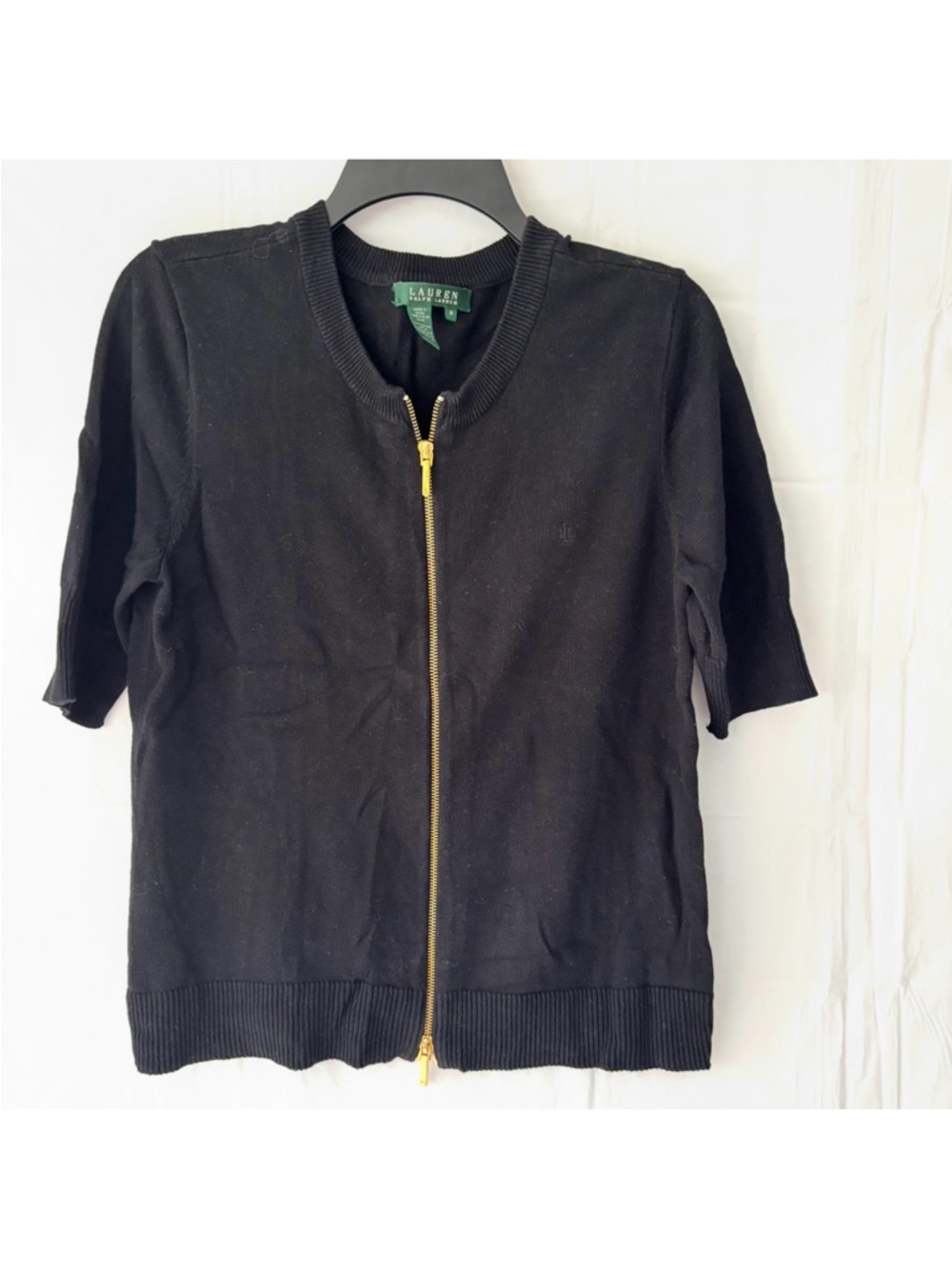 NWOT Lauren Ralph Lauren Black Gold Zip-Front Cotton Short Sleeve Cardigan SZ M - Picture 7 of 9